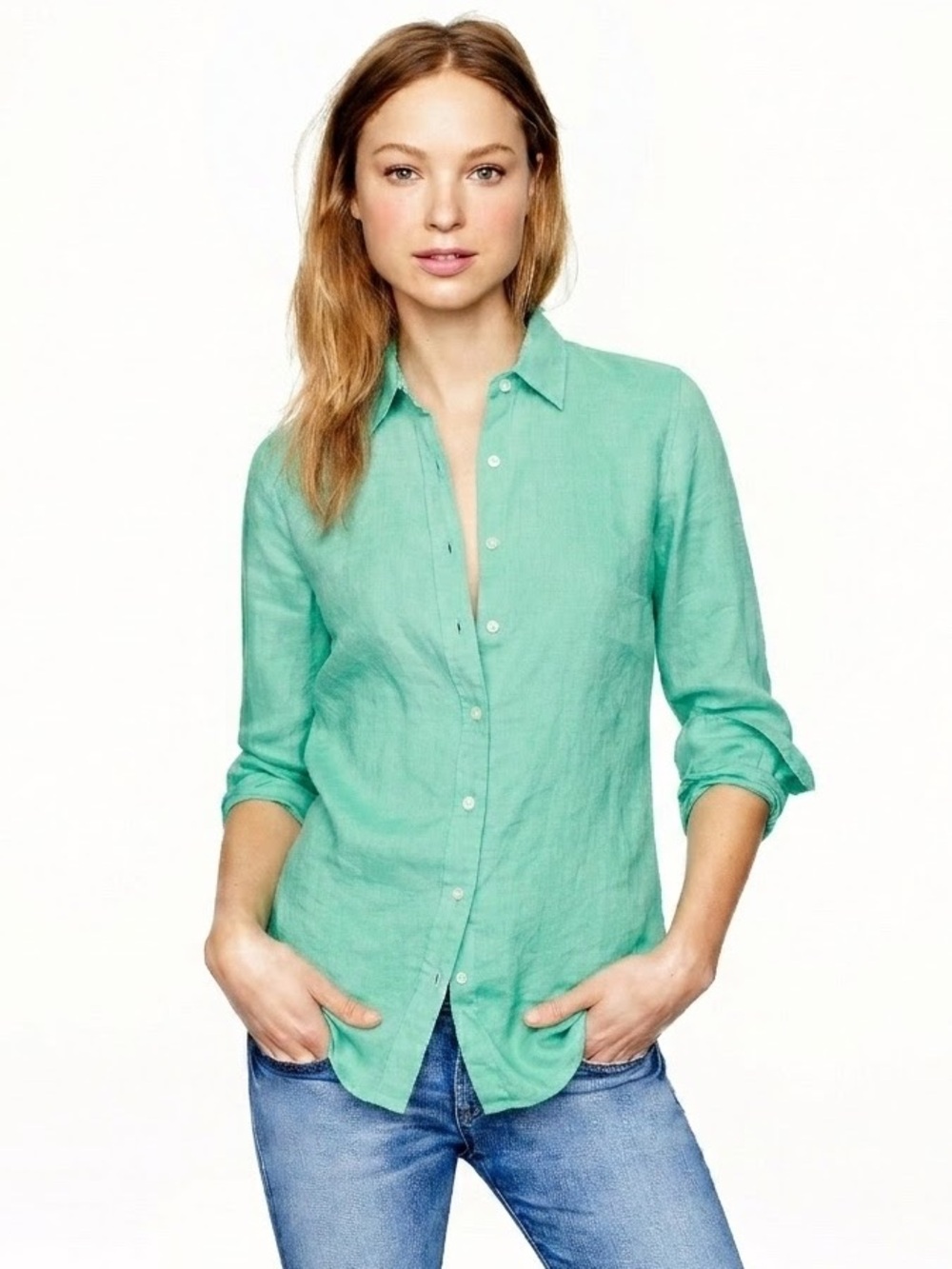 J.Crew 100% Linen Perfect Shirt Seafoam Mint Green Button Down Blouse 42841 0